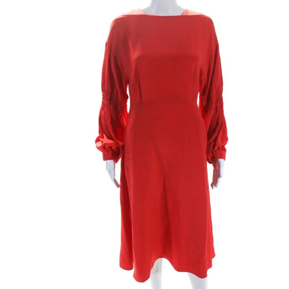 Tibi Womens Long Lantern Sleeve Crew Neck Midi Sheath Dress Red Silk Size 4